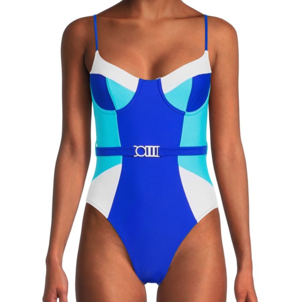 Solid & Striped The Spencer Colorblock Belted One-Piece Swimsuit In Cobalt Blue